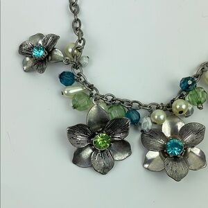 Vintage Floral Silver Necklace with Colorful Gems